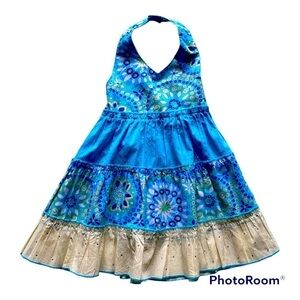 BLUE BERI BLVD-BLUE AND YELLOW BOHO STYLE HALTER DRESS-SZ 24 MONTHS
